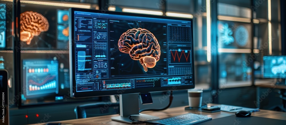 Poster a computer screen showing a detailed image of a human brain, representing modern technology and neur