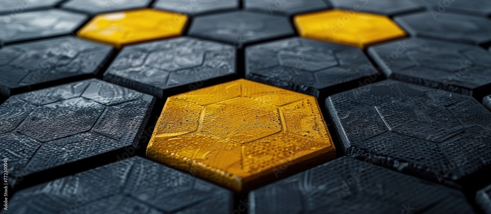 Poster a detailed view of a single hexagonal tile in yellow and black colors. the tile is part of a larger 