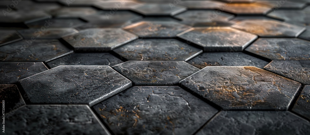 Poster detailed view of a hexagonal pattern on grey concrete flooring.