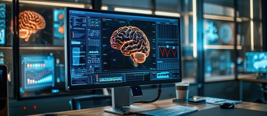 A computer screen showing a detailed image of a human brain, representing modern technology and neuroscience.