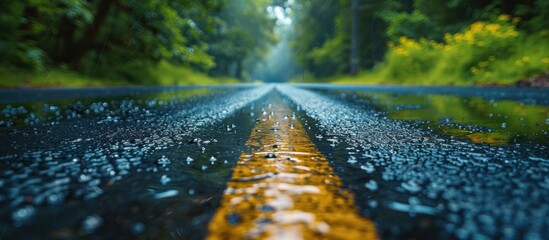 A wet road cutting through a dense forest, reflecting the greenery above. Raindrops glisten on the pavement, creating a mirror-like effect.