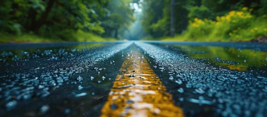 Foto op Aluminium Reflectie A wet road cutting through a dense forest, reflecting the greenery above. Raindrops glisten on the pavement, creating a mirror-like effect.