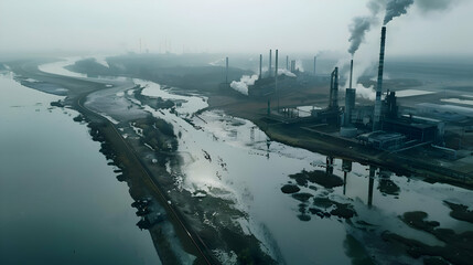 A polluted river winding through an industrial landscape, reflecting the environmental toll of progress