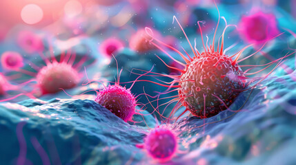 Microscopic warriors: macrophages in a vibrant clash with bacteria - obrazy, fototapety, plakaty
