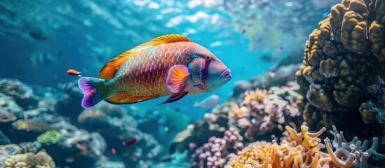 A vibrant Parrotfish swims gracefully in the water, surrounded by colorful coral reef.