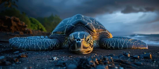 Poster A large Hawaiian sea turtle resting on a dark sandy beach under the sun. © FryArt Studio