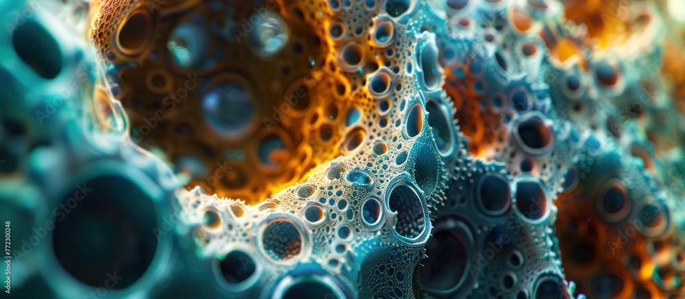 Poster sharp, detailed close-up view macro close up of cell with intricate circular patterns.
