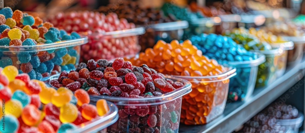 Poster a display case filled with a variety of colorful candies and sweets, creating a visually enticing an
