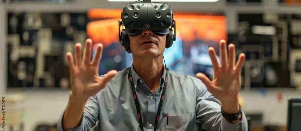 Poster a man wearing a virtual reality headset while working in a modern factory setting, interacting with 