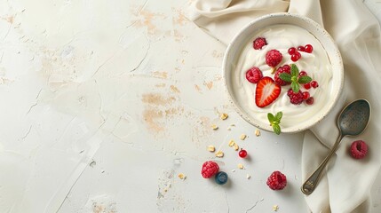 Bowl with yogurt and berries, spoon and towel on white concrete table, copy space