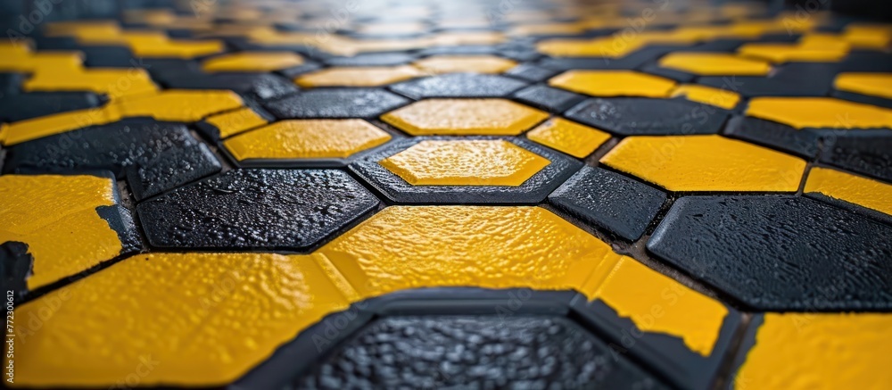 Poster close-up of a hexagonal tiled floor in vibrant yellow and black colors, with scattered black dots ad