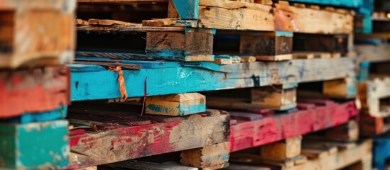 Close-up view of a stack of wooden pallets piled on top of each other.