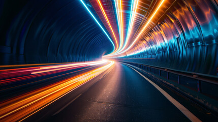 Fototapeta na wymiar Vivid light streaks creating a dynamic tunnel, enclosed by darkness