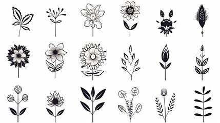 Set of Ethnic flowers ornaments on white background, tattoos - obrazy, fototapety, plakaty