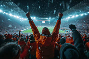 Soccer fan in orange raising arms victoriously amid falling snow at a packed stadium event