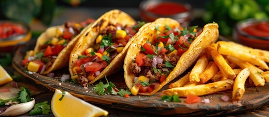 Three tacos filled with tasty ingredients such as beef, lettuce, and cheese, served on a rustic wooden plate with a fresh lemon wedge for added flavor. - Powered by Adobe
