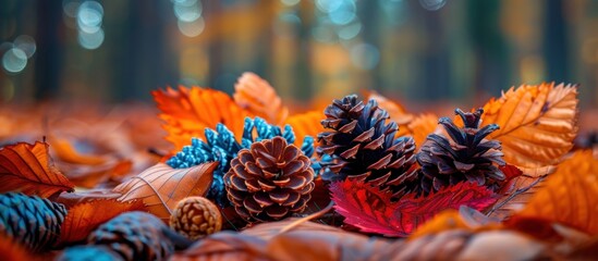 A group of pine cones sits atop a vibrant pile of autumn leaves, showcasing the beauty of the fall season. - Powered by Adobe