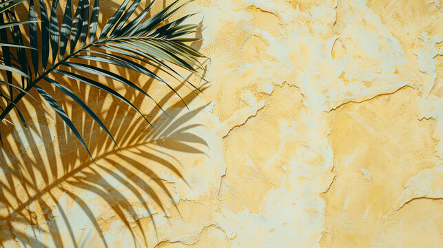 Yellow cement texture, concrete surface with palm leaves shadow, summer background