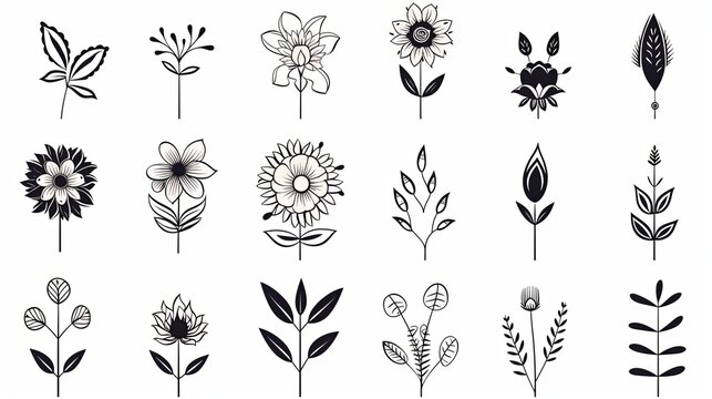 Set of Ethnic flowers ornaments on white background, tattoos