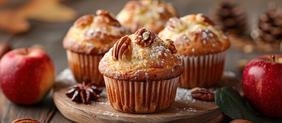 A wooden plate holds freshly baked apple and nut muffins generously topped with sweet icing, creating a delectable dessert display.