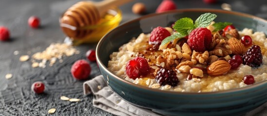 A bowl filled with oatmeal topped with fresh raspberries and a variety of nuts, creating a healthy...