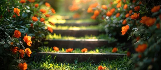 Foto op Aluminium Stone steps leading down towards a garden featuring blooming orange flowered chaenomeles japonica shrubs in the background. © FryArt Studio