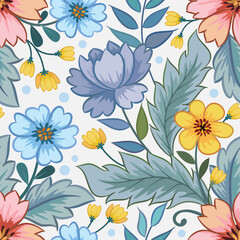 Fototapeta na wymiar Cute colorful flowers on blue color background seamless pattern. This pattern can be used for fabrc textile wallpaper.