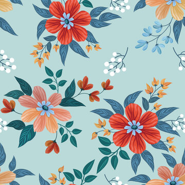 Beautiful red and orange flowers on light blue color background for fabric textile wallpaper.