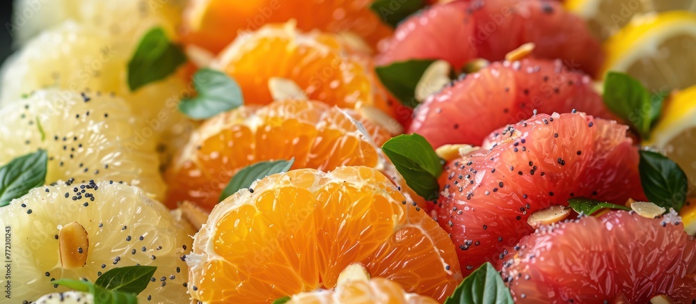 Poster oranges, lemons, and grapefruits neatly arranged in a row, showcasing a vibrant display of citrus fr