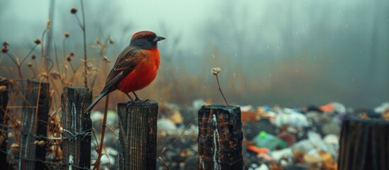 A vibrant red bird perched on top of a weathered wooden fence in an urban environment. - Powered by Adobe