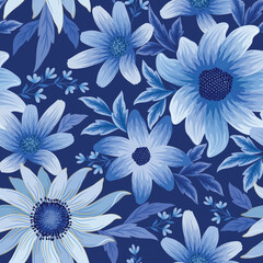 Seamless flowers and leaves in white and blue color pattern. Can be used for fabric, textile, wallpaper, gift wrap paper, background.