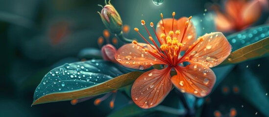 A detailed view of a flower showcasing delicate petals with water droplets glistening under the light.