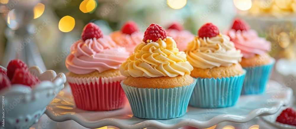 Poster a close up view of a tray filled with colorful cupcakes topped with creamy frosting and fresh raspbe