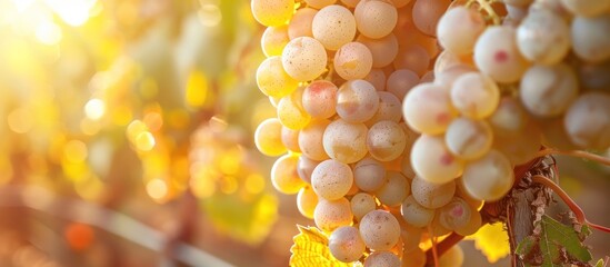 A cluster of fresh white grapes hanging from a vine