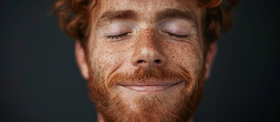 A close-up view of a man with freckles on his face, showcasing his unique features and facial expressions. - obrazy, fototapety, plakaty