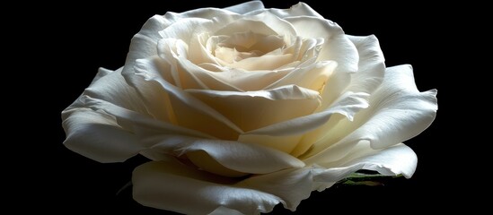 A beautiful white rose in full bloom stands out against a dark black background, showcasing its elegance and beauty.