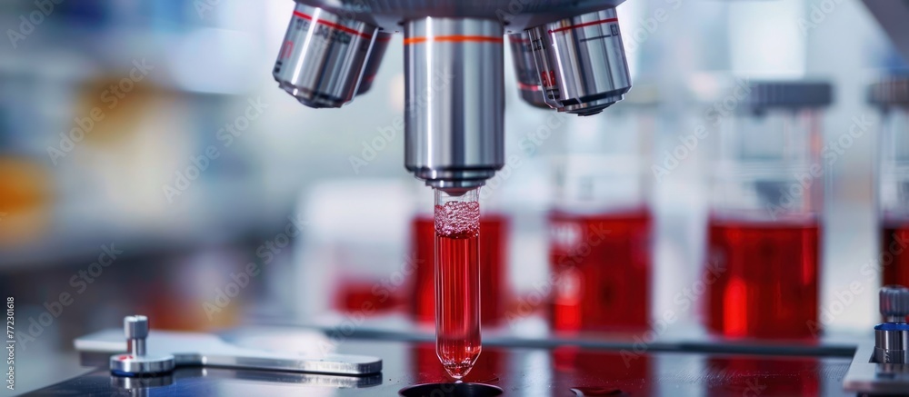 Poster many test tubes and beakers filled with bright red liquid in a laboratory setting. close up view of 