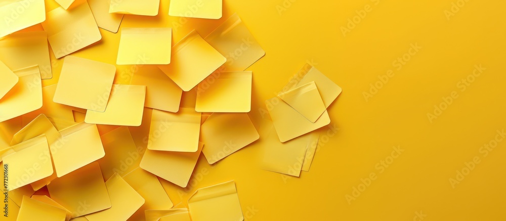 Poster multiple yellow post it notes arranged in a pile on a matching yellow surface.