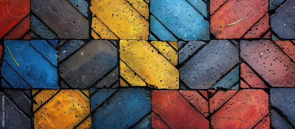 Poster detailed close-up of a multicolored glass window, showcasing its vibrant symmetrical pattern and int