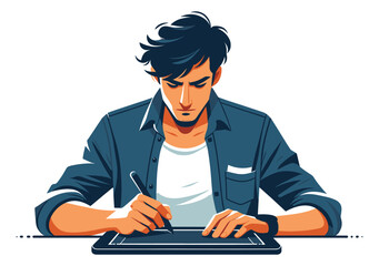 A vector illustration of a creative graphic designer, drawing on a digital tablet with intense focus, casual creative attire, set in a flat design style.