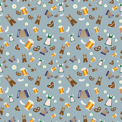 Seamless oktoberfest pattern, bavarian beer festival icons in flat design on blue background.
