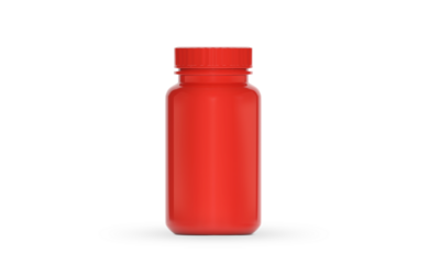 Red supplement bottle for medicine, transparent background