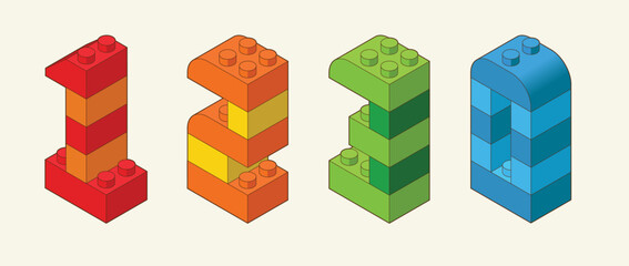 Obraz premium Numbers 1, 2, 3, 0 from Plastic building blocks. Colored bricks isolated on white background. Vector 3d illustration.