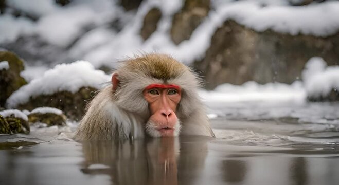 The Call of the Wild Waters, A Solitary Macaque Seeks Refuge in a Steaming Hot Spring