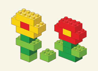 Color Flower from Plastic building blocks. Colored bricks isolated on white background. Vector 3d illustration.