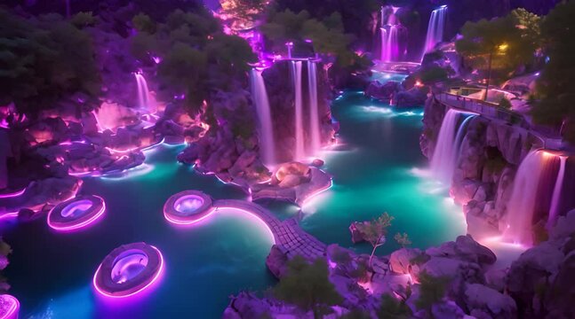 Nature's Majesty Transformed, A Cascading Hot Spring Painted in a Dreamy Purple Light