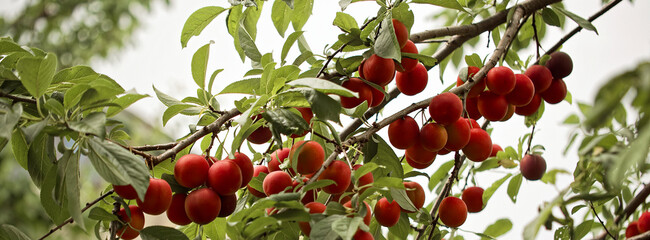 The rich color palette of nature: deep red plums juxtaposed against a backdrop of lively green leaves.