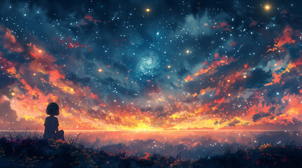Fototapeta na wymiar Girl looking at sky, star, space, sunset, galaxy illustration