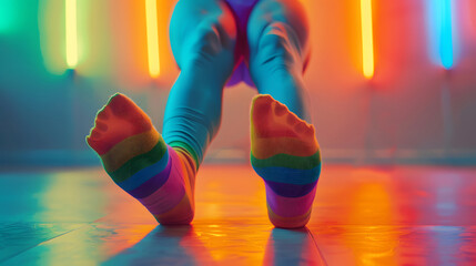 Vibrant Ballet Studio: Close-Up of Ballerina Feet in Colorful Socks