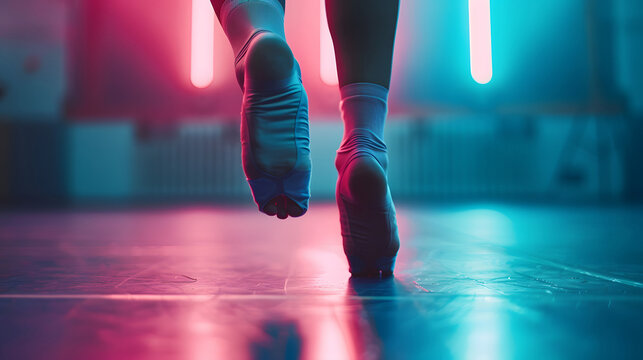 Close-up photo of ballerina legs in bright ballet studio in tap shoes vibe color